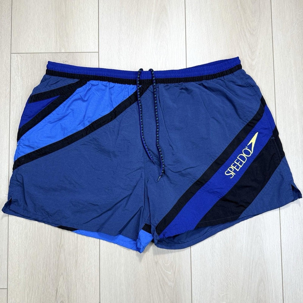 VTG 90s Speedo Colorblock Swim Trunks Men's 1X Blue Nylon Running Shorts